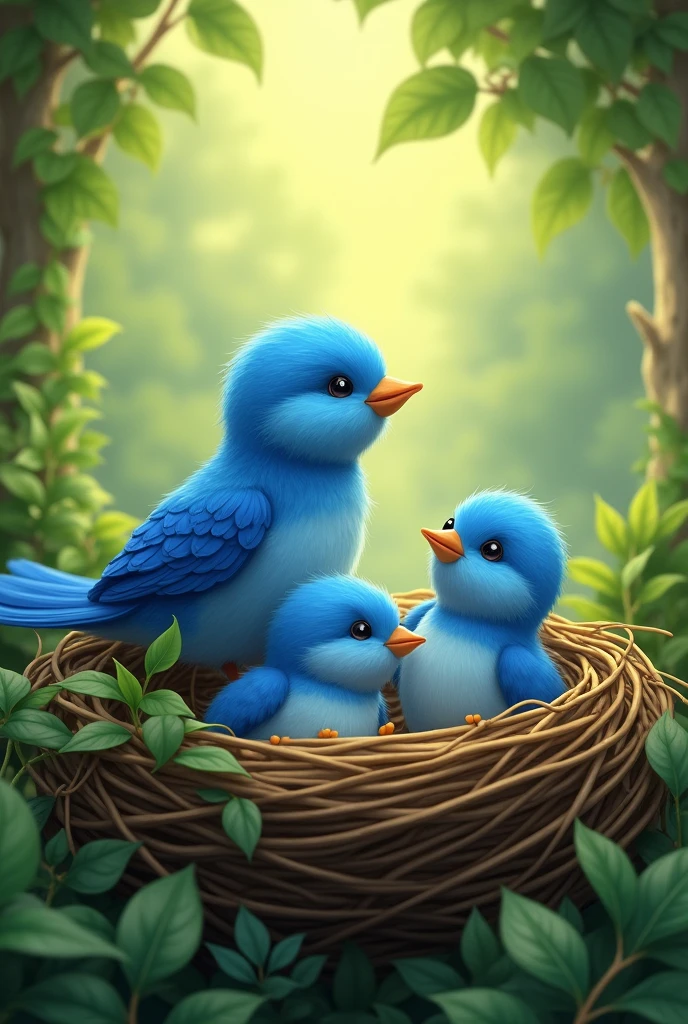 Happy Ending: The bird and her blue chicks return to their nest, now safe and healthy. All the blue birds appear happy and content, and the nest is lush and green.






