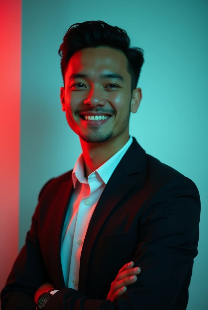 A young man with dark hair and a confident smile. He is dressed in a black blazer over a white shirt. The man is positioned against aqua colour backdrop with a subtle red lighting on the left side. and he posing for Linkedin profile