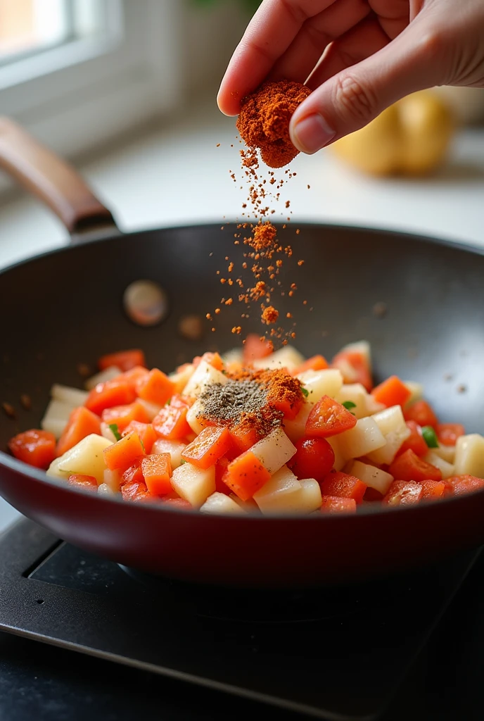 Add in a pan Chopped small pieces of onoin and small chopped pieces of tomato and add salt, black pepper powder red chilli powder