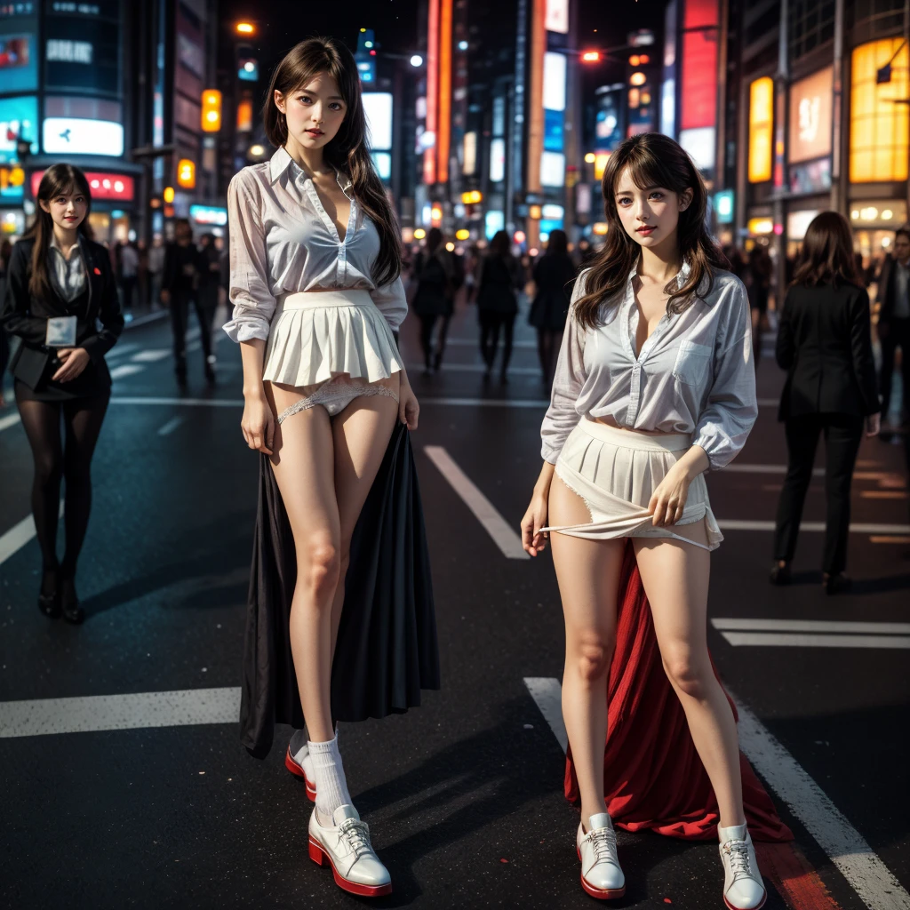 TopQuality 8K UltraDetailed Masterpiece(ProfessionalPHOTO:1.37), ExtremelyDetailed(Business Ladies), Gigantic Cleavage, Detailed (Delicate Closing textures), Undressing ((pull down panties:1.28)) ((panty pull)) (wearing skirt:1.28), Dusk {((Shibuya Scramble Crossing)) | Large Screen | Unbuttoned White Shirt | Blood Stained (white panties) | Red Shoes}, (Acutance:0.8)(Luminism:1.2), Blurrd Colorful Lights, Starry Particles ,