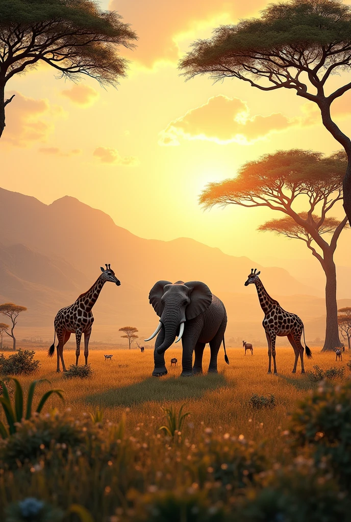 Create me a picture of a beautiful African landscape with beautiful animals 