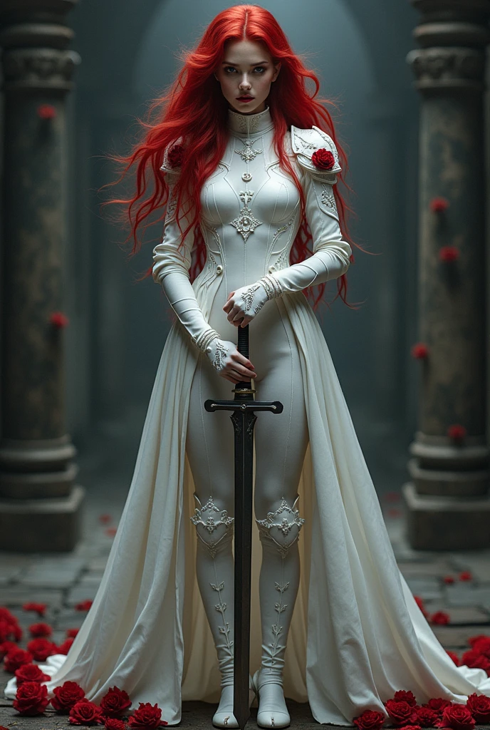 Arafed, action shot, Dark fantasy art, fantasy art, goth art, a picture of a female vampire, exquisite beauty, full body shot, dark glamour shot, pale white skin, red hair, long hair, wavy hair, dynamic eyes color eyes, glowing eyes, she wears a ((white: 1.3)) white tight suit, Armored Dress, she holds a sword in hand, (ready for battle: 1.4) , ((black: 1.5)) red roses are imprinted on the suit, high heels, dark castle, dark, black and color, Dark Art Painting Style, flower dress, dark novel, flower dress, face front view
