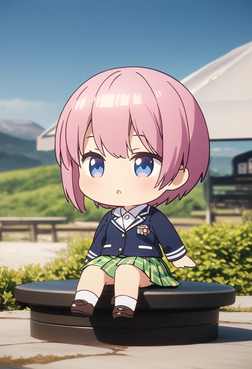 (Highest quality, 4K, 8k, High resolution, masterpiece:1.2), Very detailed, Picturesque, Animated Photography, Photo Animation:1.37)、Japanese schoolgirl、(Pink Hair)、(Pixie Cut)、(chibi:1.4),white shirt、Yellow-green checkered skirt,(high scool uniform:1.2)、navy blue jacket、crossed legs、Full body photography、Nakano ichika