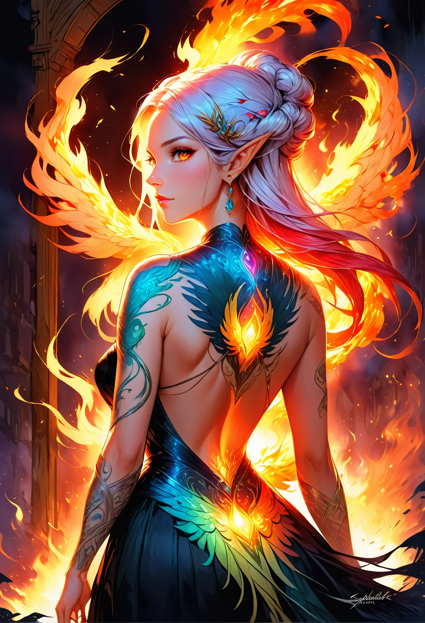 watercolor art, fantasy art, goth art, a picture of a tattoo on the back of a female elf, a glowing tattoo of a ((phoenix: 1.3)) on the elf's back, the ((phoenix tattoo)) is vivid, intricate detailed coming to life from the ink to real life, ((fire surrounds the phoenix: 1.5)), shoot taken from the back, ((the back is visible: 1.3), a most beautiful elf, exquisite beauty, small pointed ears, long hair,  she wears a transparent black dress, the dress is elegant, flowing, elven style, that the tattoos glow, dynamic hair color, dynamic hair style, rpg portrait