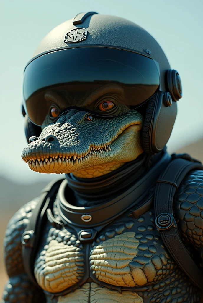 Crocodile, athletic body, head masked, wearing motocross’s helmet, glass visor from motocross helmet in eyes
