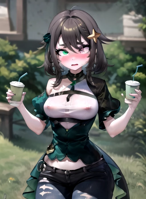 Best Quality, (Masterpiece),(ultra detailed), (high quality), (high resolution), 1 girl, He drowned, black shorts, blush, braid, old, Brown eyes, Brown hair, separate sleeves, to drink, ruffled sleeves, green background, green eyes, hair between the eyes, hair ornament, heterochromia, holding gun, looking at the viewer, Meica, nail polish, amar, short sleeves, business, alone, star hair ornament, Youtuber Virtual, witch. Spanking her ass, tight pants, a tit out of her clothes, bold face. Showing her round ass. animation, marked nipples, ojos lujuriosos, pechos más grandes enormes
