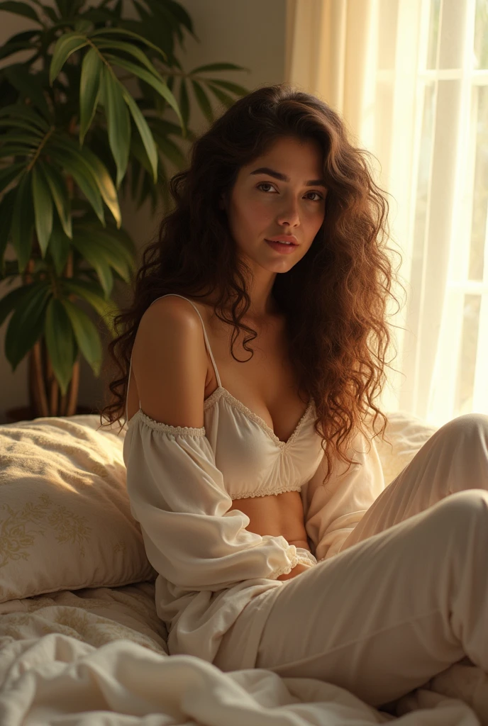 (photorealism:1.2), beautiful woman, sitting on bed, wearing loose off-shoulder top, pajama pants, long curly hair, indoors, soft lighting, plants in background, window with sunlight, cozy room, relaxed pose, realistic, intricate details, warm colors, by Greg Rutkowski, by Alphonse Mucha or not wear a cloths. 