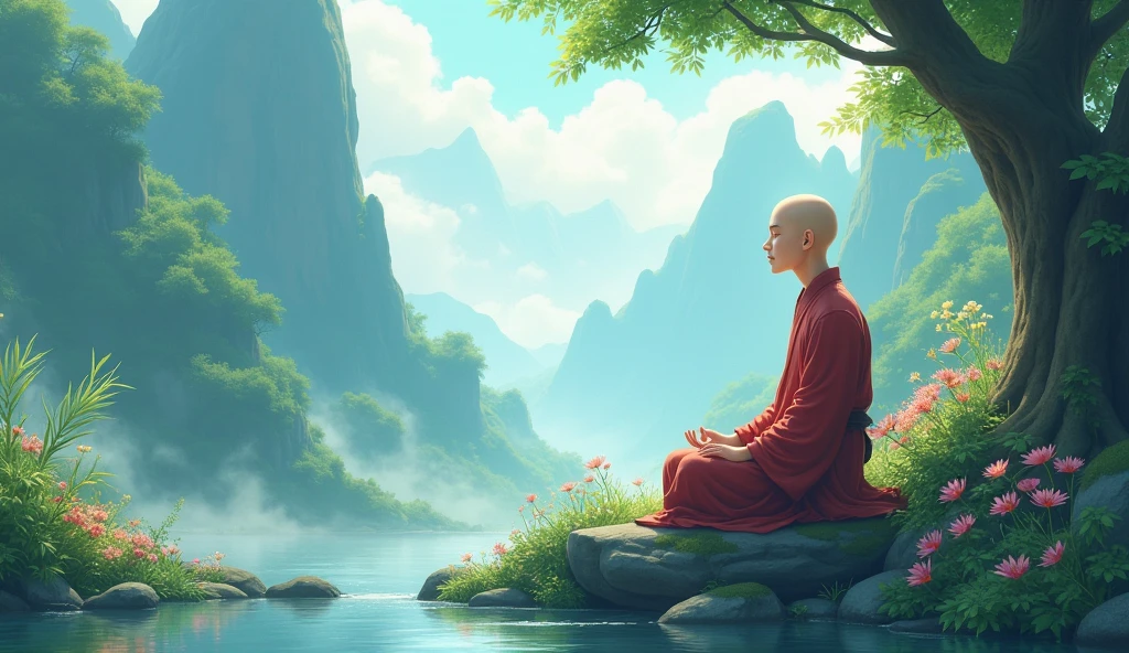Chinese old bald young desciple thinking, sitting, happy, beautiful scenario, surrounded by mountains, trees, in anime style, relax,