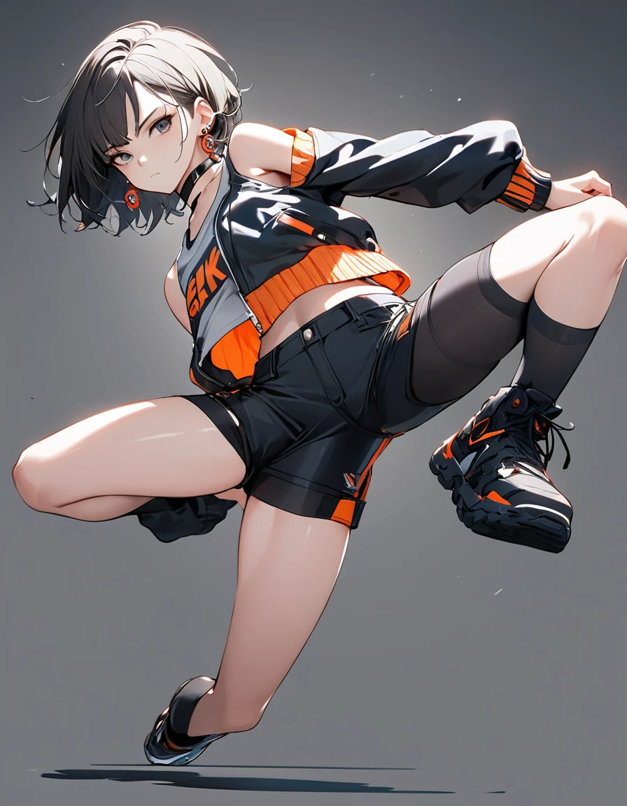 1girl, best quality, beautiful, badass, short hair, 8K, expressionless, full body, one leg stretched out bent upwards, head tilt look view, slim, jacket, tanktop inside, hot pants,earrings, choker, dynamic pose, concept, full color