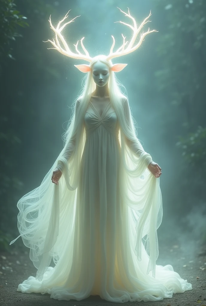 Human body with white dress with deer shape face but no nose, eyes and mouth and long human hair make it glowing