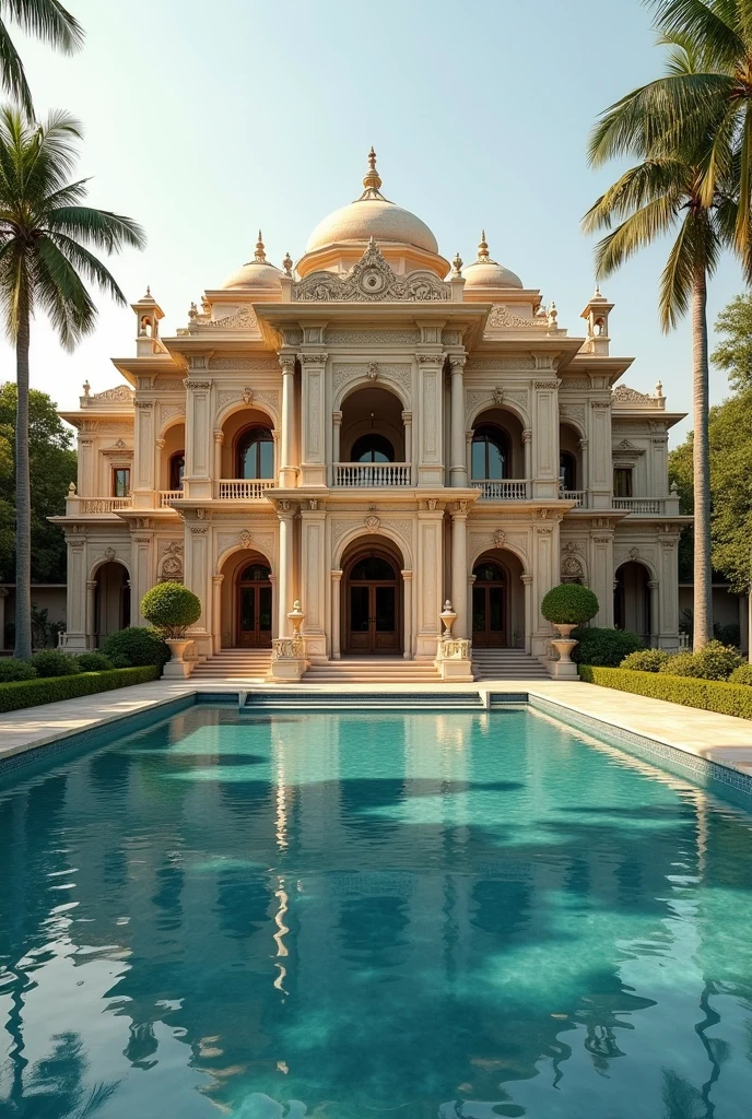 A big mansion with a pool in front in india , realistic