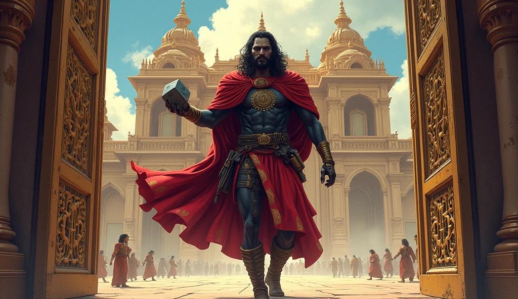  Shakuni, with a cold and determined expression, limps through the grand gates of Hastinapura. His twisted legs and clouded eye add to his menacing aura, while he holds the bone dice in one hand. The majestic palace looms in the background, symbolizing the empire he plans to destroy from within.in comic style 