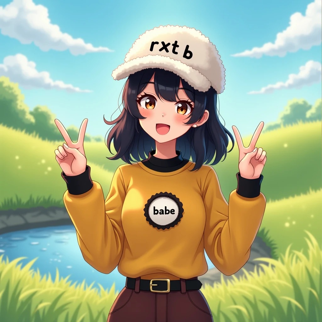 A selfie of a black-haired girl wearing a fluffy white cap with black letters embroidered on it. "Rxt B" The young woman is smiling and making a peace sign with her right index and middle fingers. She is wearing a yellow long-sleeved shirt with black trim. The center of the shirt has a small circular opening with white letters that read: "babe"  เธอยังสวมกางเกงขายาวสีน้ำตาลเข้ม มีเข็มขัดสีดำอยู่ด้านบน เธอถ่ายรูปตัวเองกลางแจ้ง พื้นหลังเป็นทุ่งหญ้าเขียวขจี มีน้ำขังเป็นแอ่งเล็กๆ  ท้องฟ้าสีฟ้ามีเมฆสีขาวเล็กน้อย แสงส่องมาจากด้านบน ด้านหลังของเธอมีแสงแดดส่องถึง เธอมีใบหน้าหวาน อ่อนเยาว์ มีนัยน์ตาสีน้ำตาล ริมฝีปากสีชมพู เธอมีผิวขาวอมชมพู  ภาพถ่ายมีโทนสีสดใส ให้รูปภาพออกมาดูเป็นธรรมชาติ high resolutionสุด, high resolution, best quality, realistic textures, very detailed, high resolutionสุด, 