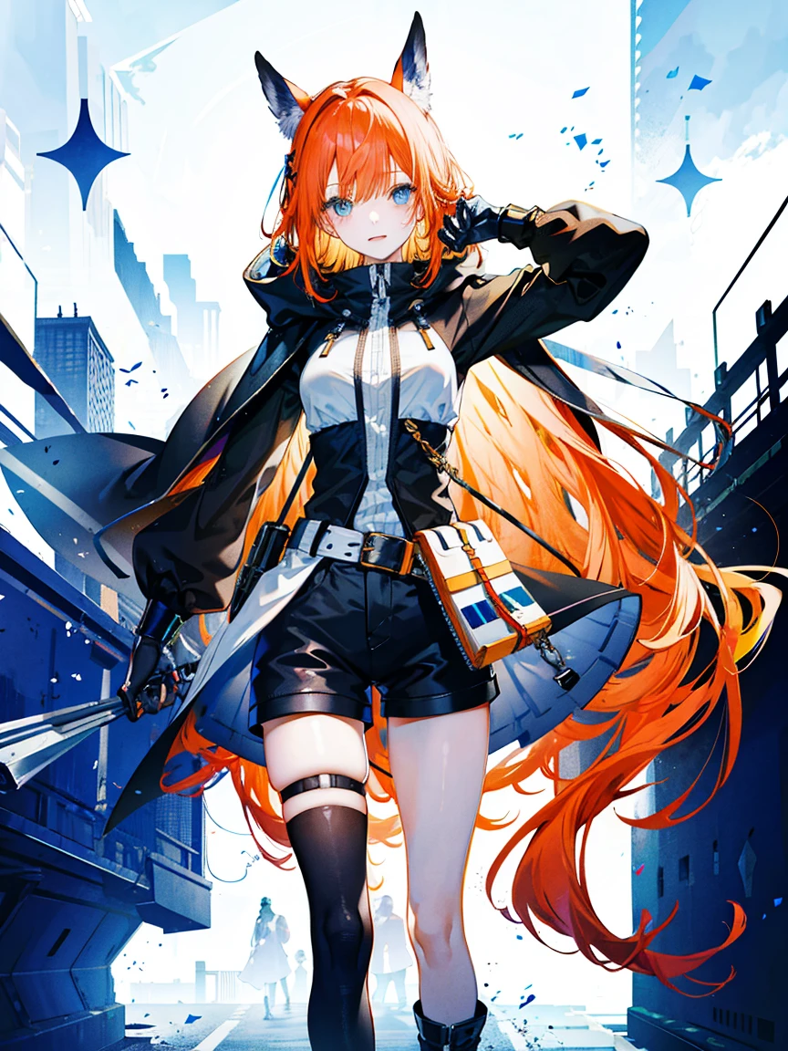 (Fine and beautiful eyes)、long hair,Beautiful orange hair,Beautiful blue eyes,Detailed eyes,Detailed face,Large breasts,Black Hoodie、Thin legs,Long black boots、High resolution eyes、Jewel-like eyes、Straight Hair、Minimally revealing clothing、Short, oversized black shorts、Shorts that cover the knees,Extreme Detail、High resolution、Shining Eyes,Slanted Eyes,Bullish girl,Are standing,Black gloves,Challenging smile
