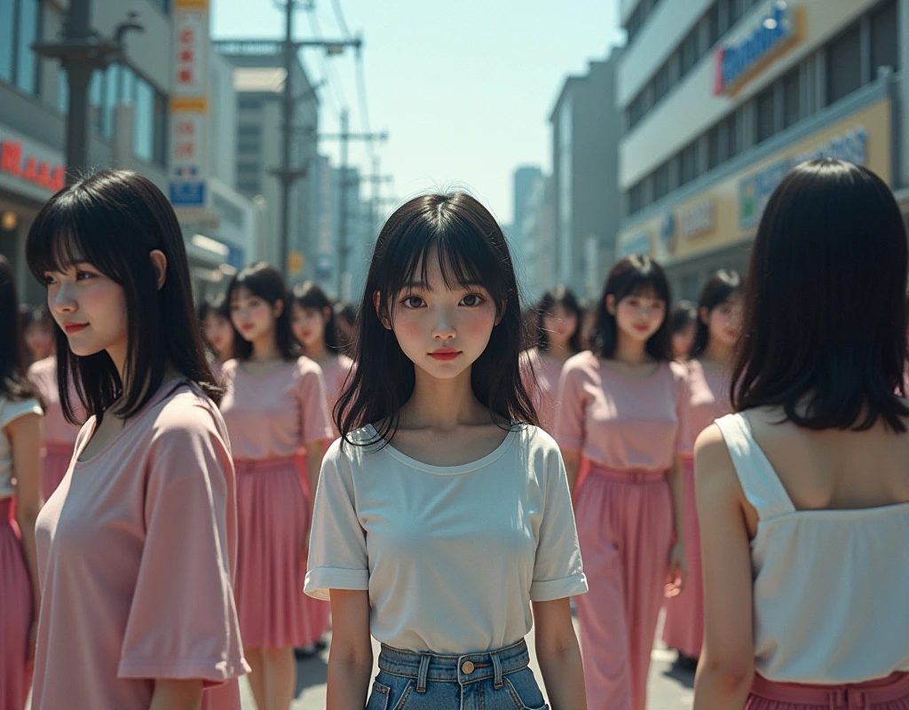 (((((Japanese Clone girls=Myself)))))), (((best masterpiece Clone girls Raw Photography Art))), (16K, Highest quality, Ultra-high resolution, RAW Photos), (((Unrealistic, Unparalleled depiction, An unbelievable sight, Unprecedented and shocking, In a world where myselves are multiplied, Ultra-realistic))), (((Japanese, woman, 26yo, Sasaki Nozomi))), (Small face, ((Thick black hair, Semi-long hair))), ((V-neck short-sleeve dress)), (((((Very beautiful detailed girls, Accurate body structure, Very detailed完璧な, A super busty body with very large breasts, Great proportions, super big breasts, Big, voluptuous breasts, The cleavage is very plump and emphasized))))), (((Dark Eyes, Mature face, Cute Smile, A gentle gaze, ((Very happy laughter))))), ((((((((Very detailedcloning描写, ((1Myself→cloning→1,000,000,000,000,000,000,000,000Myself)))))))))), ((((((((Very detailed, The precise depiction of the double, ((With the exact same female body, With the exact same face, With the exact same hairstyle, In the exact same clothes, At the exact same height, The same exact super big boobs)))))))))), (((Myself only))), (((Very detailed, Myself multiplication, 1,000,000,000,000,000,000,000,000Myself→100,000,000,000,000,000,000,000,000,000,000,000,000,000,000Myself))), (((Walk freely))), (((Very detailed, (An embrace between self, Back to Back, Myself is here!, Fun conversation with others, Happy conversation with myself, Kissing each other anywhere, Doting on Myself, Myself holding hands)))), (Free pose), (Sexual seduction), (((Unbelievably crowded, Close contact between transcendent selves, Countless "myselves" completely surround me in 360 degrees))), (Bright and soft sunlight), (((Very wide field of view, Very detailed, Detailed ultra-perspective depiction with clear depth))), (((((A city with slopes))))), (((Countless "myselves" fill the city's main streets and scramble intersections.))), (((Myself will grow infinitely more and become super close together with no gaps, Myself is extended々They multiply in large numbers and spill out of the building's entrances and underground exits into the street, making it impossible to move., Myself exists infinitely and it's fun))), (Focus on the center of the group)
