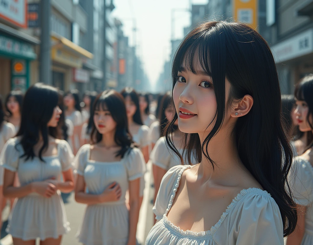 (((((Japanese Clone girls=Myself)))))), (((best masterpiece Clone girls Raw Photography Art))), (16K, Highest quality, Ultra-high resolution, RAW Photos), (((Unrealistic, Unparalleled depiction, An unbelievable sight, Unprecedented and shocking, In a world where myselves are multiplied, Ultra-realistic))), (((Japanese, woman, 26yo, Sasaki Nozomi))), (Small face, ((Thick black hair, Semi-long hair))), ((V-neck short-sleeve dress)), (((((Very beautiful detailed girls, Accurate body structure, Very detailed完璧な, A super busty body with very large breasts, Great proportions, super big breasts, Big, voluptuous breasts, The cleavage is very plump and emphasized))))), (((Dark Eyes, Mature face, Cute Smile, A gentle gaze, ((Very happy laughter))))), ((((((((Very detailedcloning描写, ((1Myself→cloning→1,000,000,000,000,000,000,000,000Myself)))))))))), ((((((((Very detailed, The precise depiction of the double, ((With the exact same female body, With the exact same face, With the exact same hairstyle, In the exact same clothes, At the exact same height, The same exact super big boobs)))))))))), (((Myself only))), (((Very detailed, Myself multiplication, 1,000,000,000,000,000,000,000,000Myself→100,000,000,000,000,000,000,000,000,000,000,000,000,000,000Myself))), (((Walk freely))), (((Very detailed, (An embrace between self, Back to Back, Myself is here!, Fun conversation with others, Happy conversation with myself, Kissing each other anywhere, Doting on Myself, Myself holding hands)))), (Free pose), (Sexual seduction), (((Unbelievably crowded, Close contact between transcendent selves, Countless "myselves" completely surround me in 360 degrees))), (Bright and soft sunlight), (((Very wide field of view, Very detailed, Detailed ultra-perspective depiction with clear depth))), (((((A city with slopes))))), (((Countless "myselves" fill the city's main streets and scramble intersections.))), (((Myself will grow infinitely more and become super close together with no gaps, Myself is extended々They multiply in large numbers and spill out of the building's entrances and underground exits into the street, making it impossible to move., Myself exists infinitely and it's fun))), (Focus on the center of the group)