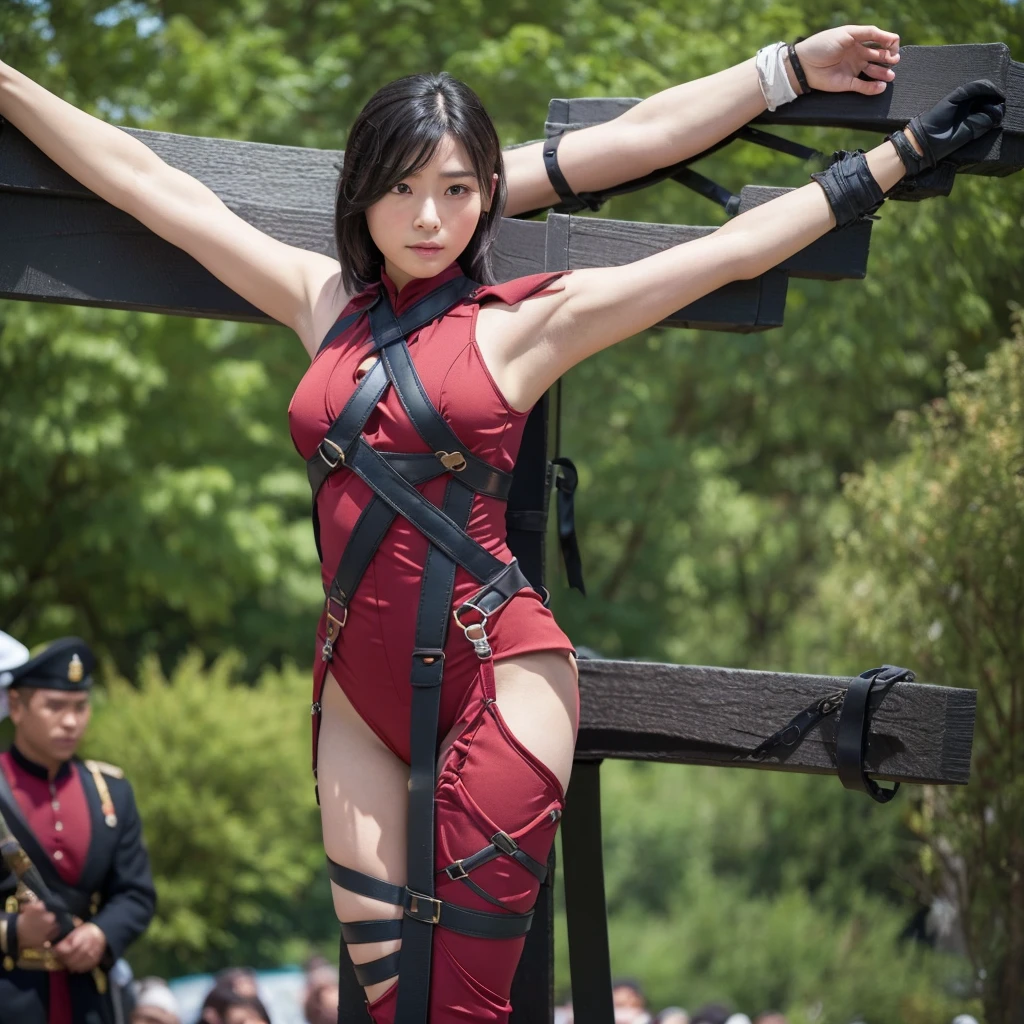 Highest quality,masterpiece,Ultra-high resolution, Very detailed, 8k,(Beautiful woman),Beautiful Japanese Women:1.5,Black Hair、((Crucifixion)),torture,slave,((クロスにCrucifixionにされた女性:1.5)),Crucifixion刑, Type X, (Red bodysuit, Military Harness, Plump, Slightly thicker)