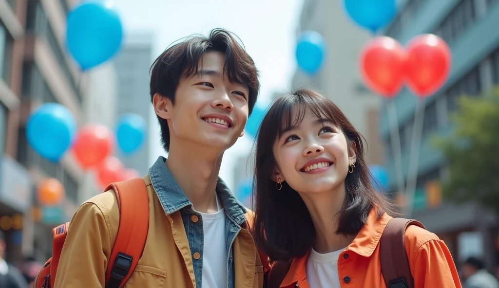 Brightly dressed Japanese male and female university students are looking into the distance with cheerful expressions in a square,Excited, Photo of your face, Blue and red balloons floating in the background, with a natural look, With a slightly tired look, tilt your face a little, Diagonal orientation, Average face