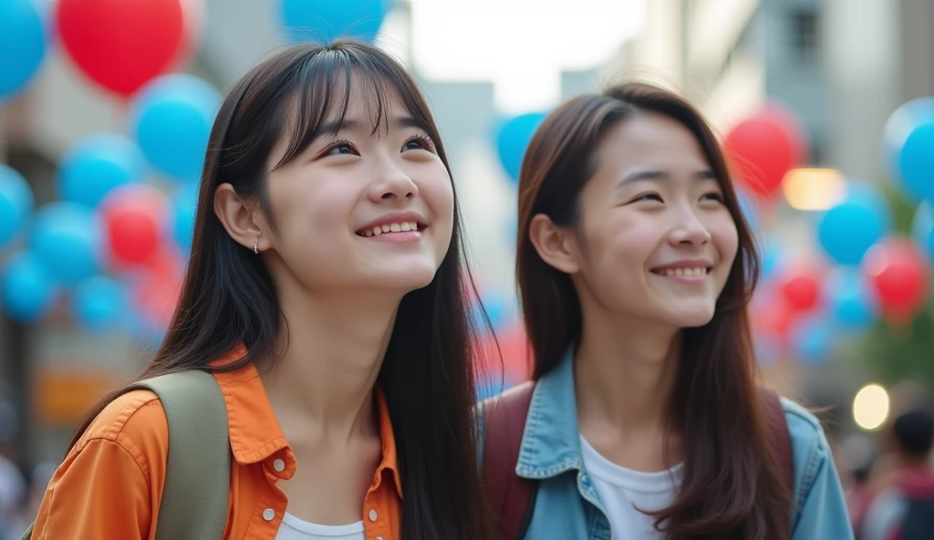 Brightly dressed Japanese male and female university students are looking into the distance with cheerful expressions in a square,Excited, Photo of your face, Blue and red balloons floating in the background, with a natural look, With a slightly tired look, tilt your face a little, Diagonal orientation, Average face