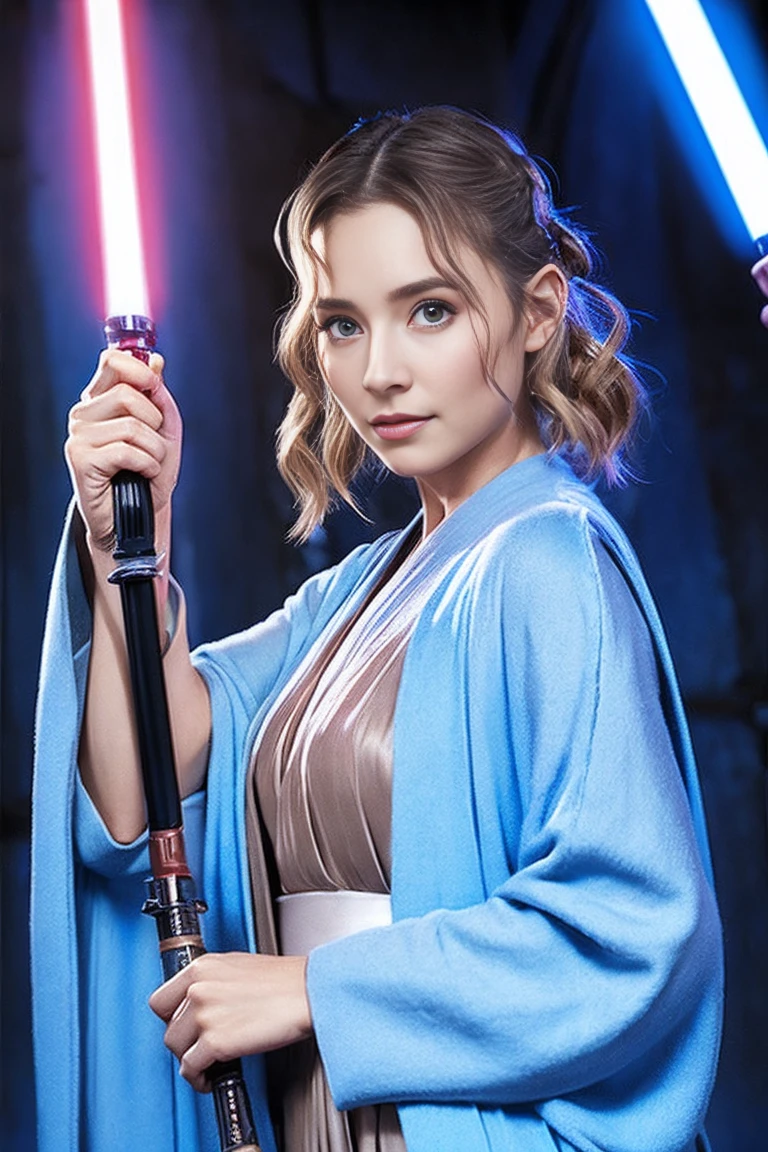 Star Wars, Jedi Master, woman, Beauty, Cute Face, , Wearing a Jedi robe, Lightsaber in hand, The blade burns blue, Jedi Temple
