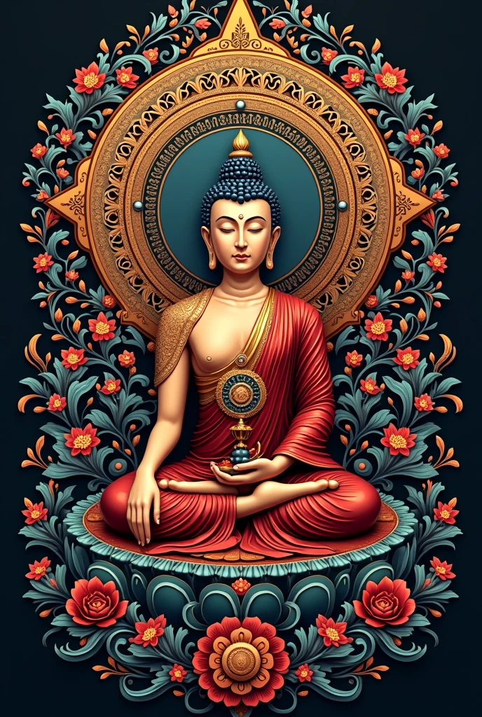 A visually striking T-shirt design inspired by intricate Buddhist themes. The T-shirt features a central image of a Buddha in a meditative pose, surrounded by detailed mandala patterns. The background is filled with ornate, swirling floral motifs and sacred geometric symbols like the lotus, dharma wheel, and endless knot. The color scheme is vibrant, using deep reds, golds, and rich blues, with metallic accents. The design is complex, with fine detailing and layered textures, giving the T-shirt an elaborate and luxurious appearance.