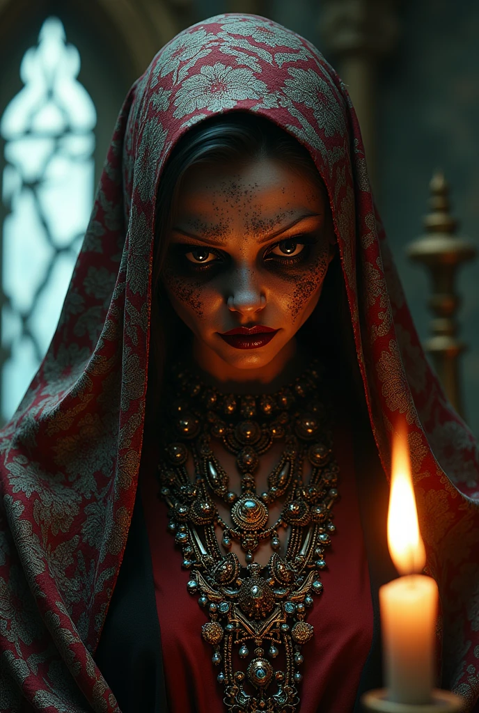 portrait evil creature in ornate silk head scarf clothing. Wearing many jeweled necklaces ,highly detailed::3 ,the lonely void of avoidant personality disorder, surreal, eerie, anti human, haunting, evocative, hyper detailed digital illustration by Hieronymus Bosch,insane detail,johfar bosschart, remedies varo, perfect exact rendering with precision, jewel tones palate , de castillo gótico, ambientación pelicula ,la bella y la Bestia, Iluminacion con velas, ventanal gótico con iluminacion a contraluz. muy ornamentado, estilo gótico tardío
