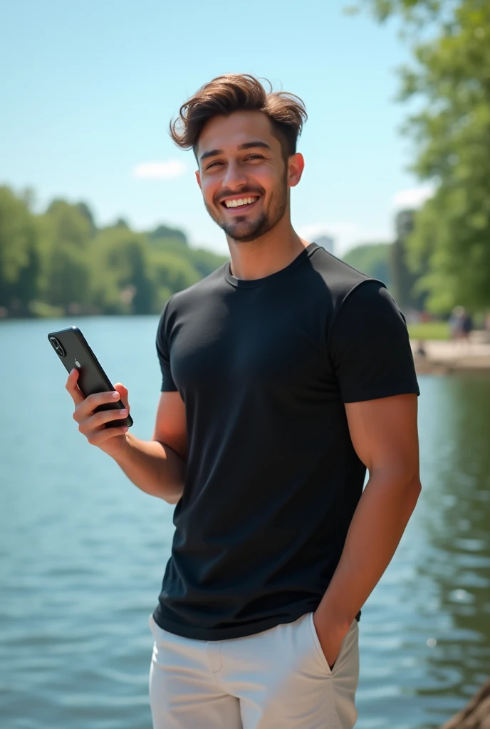 A realistic picture of a 20 year old boy standing on the river bank wearing a stylish black t shirt and white pants smiling at the camera with an i phone