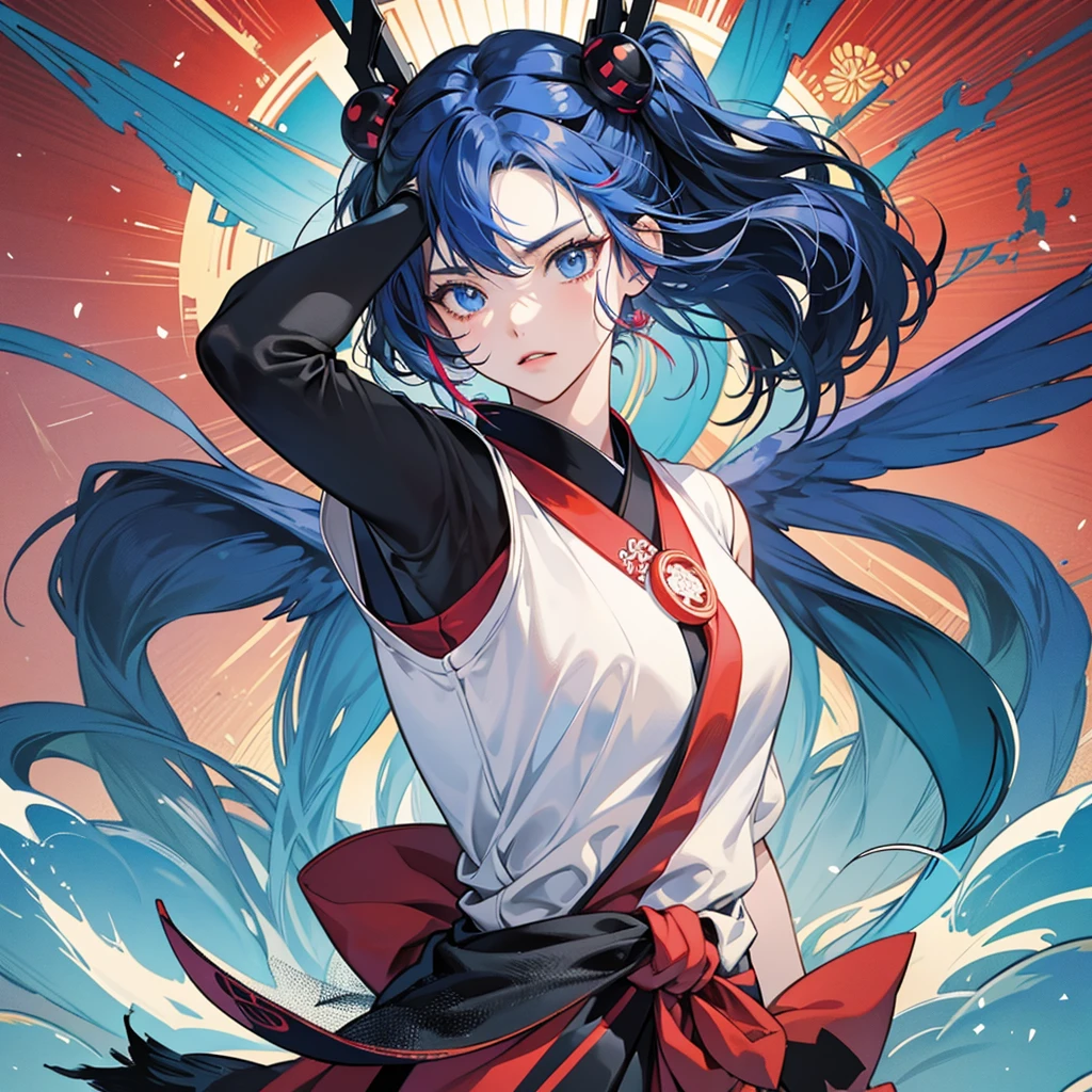 A vector art style, front view of an anime girl with traditional Japanese elements and cyberpunk design, hands in a prayer pose, multiple eyes on her head, she has wings behind her back, the background is a temple with a red and blue color theme, a colorful pop art illustration in the style of cool, a highly detailed, clean, bold manga poster, a 2D, flat, symmetrical composition. --ar 3:4 --niji 6