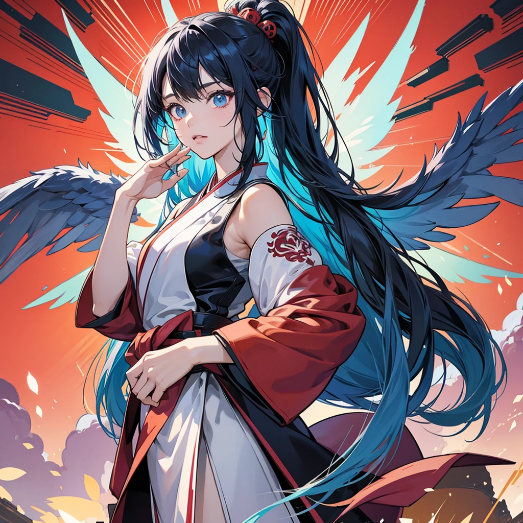 A vector art style, front view of an anime girl with traditional Japanese elements and cyberpunk design, hands in a prayer pose, multiple eyes on her head, she has wings behind her back, the background is a temple with a red and blue color theme, a colorful pop art illustration in the style of cool, a highly detailed, clean, bold manga poster, a 2D, flat, symmetrical composition. --ar 3:4 --niji 6