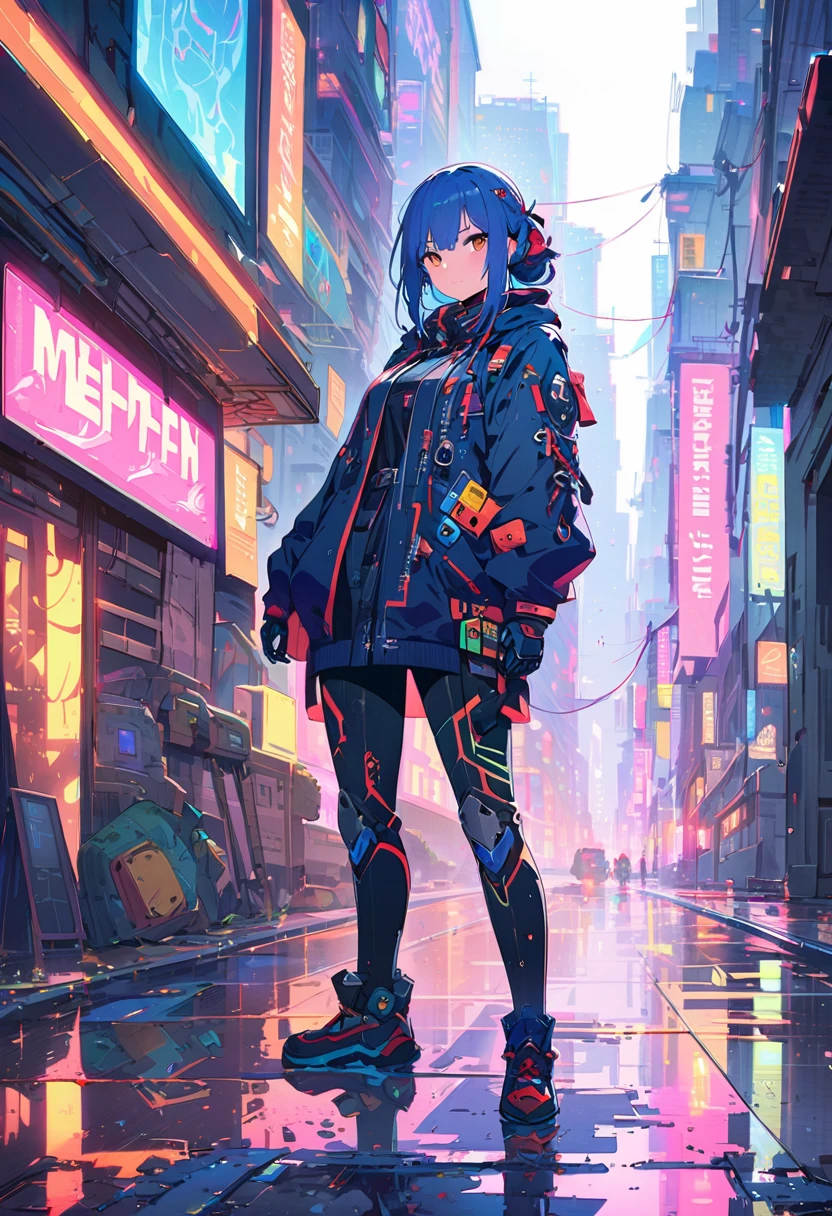 (best quality), (ultrafein), (​masterpiece), Illustration, a girl,Ronin-Costume,cyberpunk, （cyberpunk，Ronin-Costume，Cybernetic implants），Hair Accessories, bright colours，dynamic lighting，neon lights，shining city skyline，holographic projection，Fashionable clothing of the future，a mix of traditional and modern elements，Avantgardistisches Make-up，exquisite hairstyle，Self-confidence and determination，Urban environment，Heavy rain，Reflection on wet road，Metall Textur，Mechanical Armor, gorgeous accessories，High-Tech-Gadgets，Impressive cybernetic improvements，Clear focus，Grumpy Details, Overclocked rendering, Cinematic edge light, fine light, ​masterpiece, super Details, epic work, Ultra-High-Definition, good quality, 32K