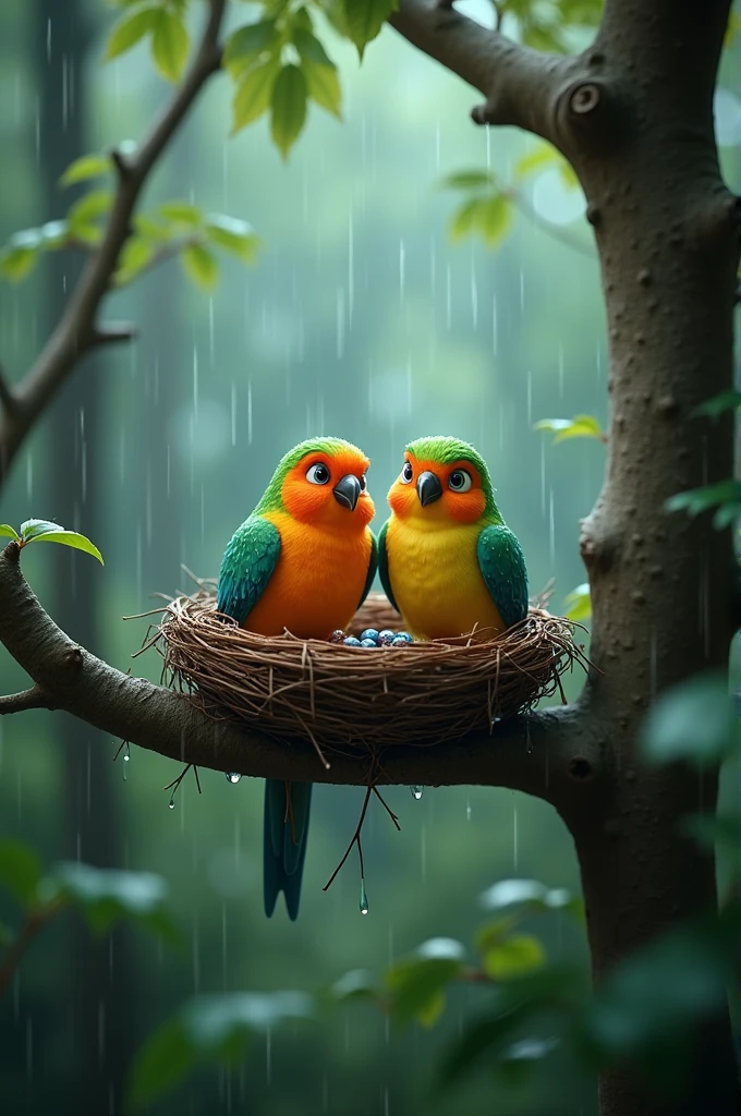 In Cinematic 3d cartoon style"nest on the tree with highlighting two birds siting on the branch of tree, tree lies in forest background is rainy season image like YouTube thumbnail"