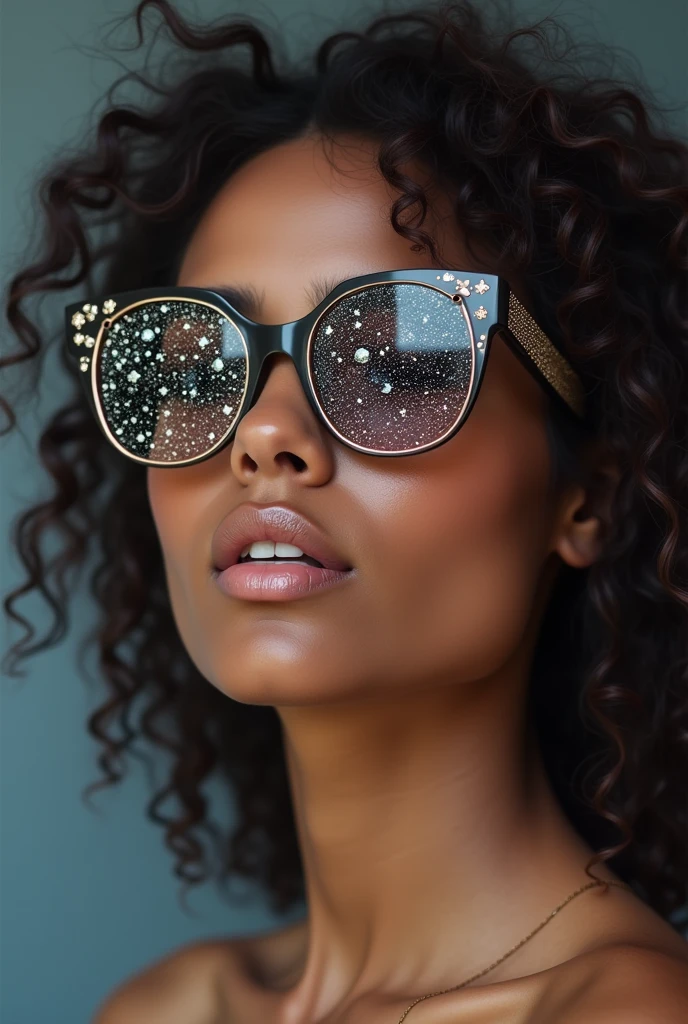 The model is wearing glass sunglasses with stars and the moon on the glass and perfect pussy