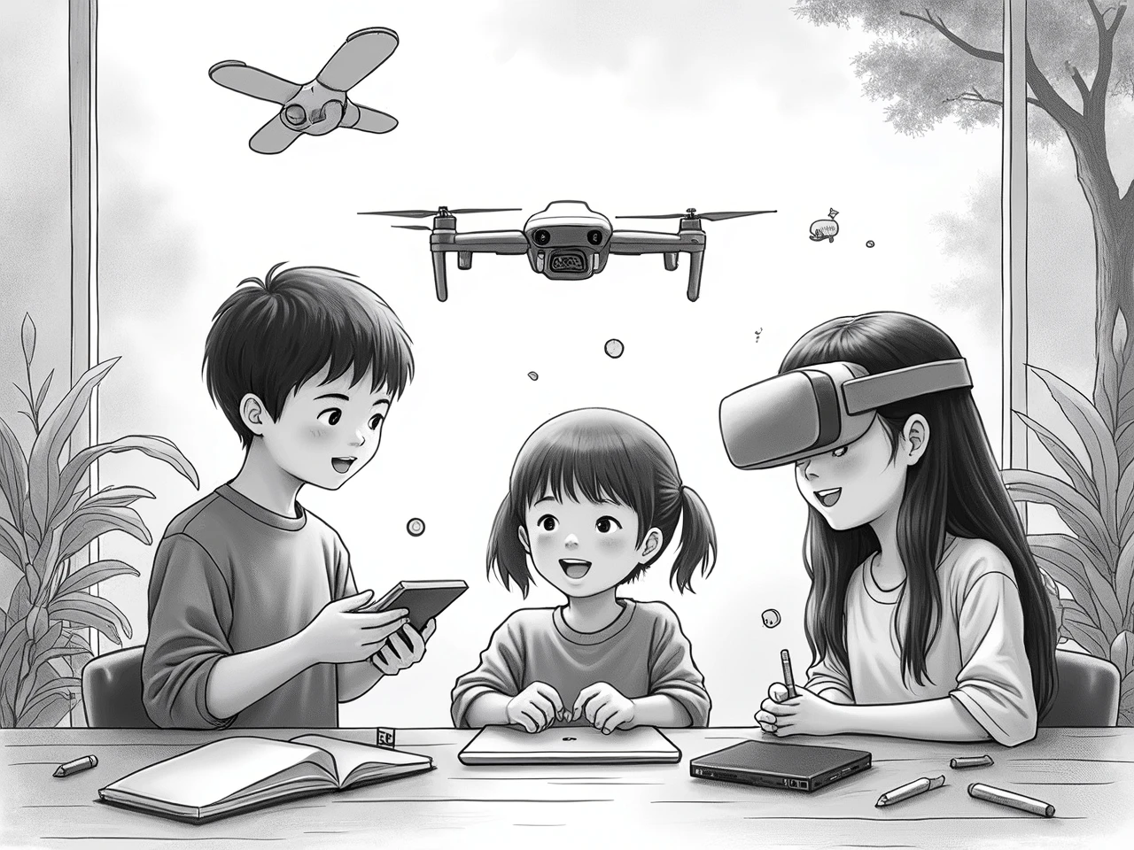 Korean Kid, Boy 1, Girl 2, laptop, self-driving car, One person is flying a drone, One person is doing VR, Natural and Difficult Classroom Background, Pencil sketch