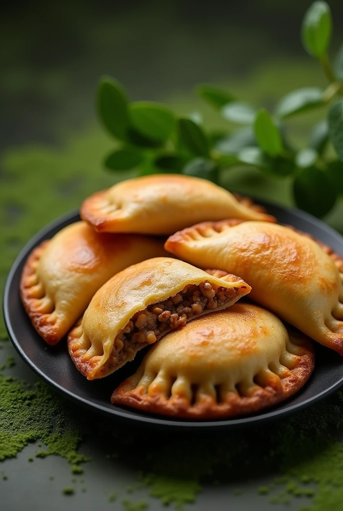 Advertising image of meat and chicken empanadas on a black plate with a moss green background 