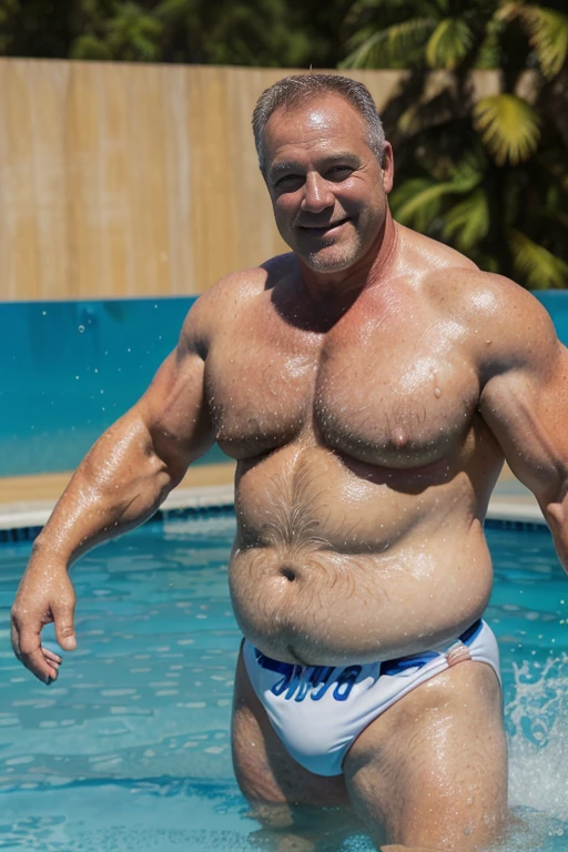 (a 50-year-old white man, chubby muscular, stud, muscular chubby, swimming suit, kind, fat, mature daddy, big belly, thick arms, dilf, dad, smile, masculine),(oil painting),(detailed background of a water pool ),(best quality, highres:1.2),(realistic),(portrait),(warm color tones),(soft atmospheric lighting)