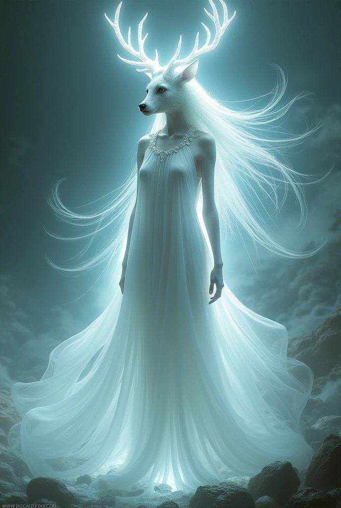 Human body with white dress with deer shape face and long human hair make it glowing