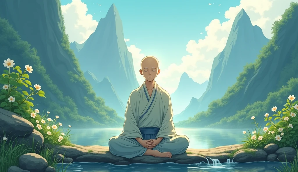 Chinese old bald young desciple thinking, sitting, happy, beautiful scenario, surrounded by mountains, trees, in anime style, relax,