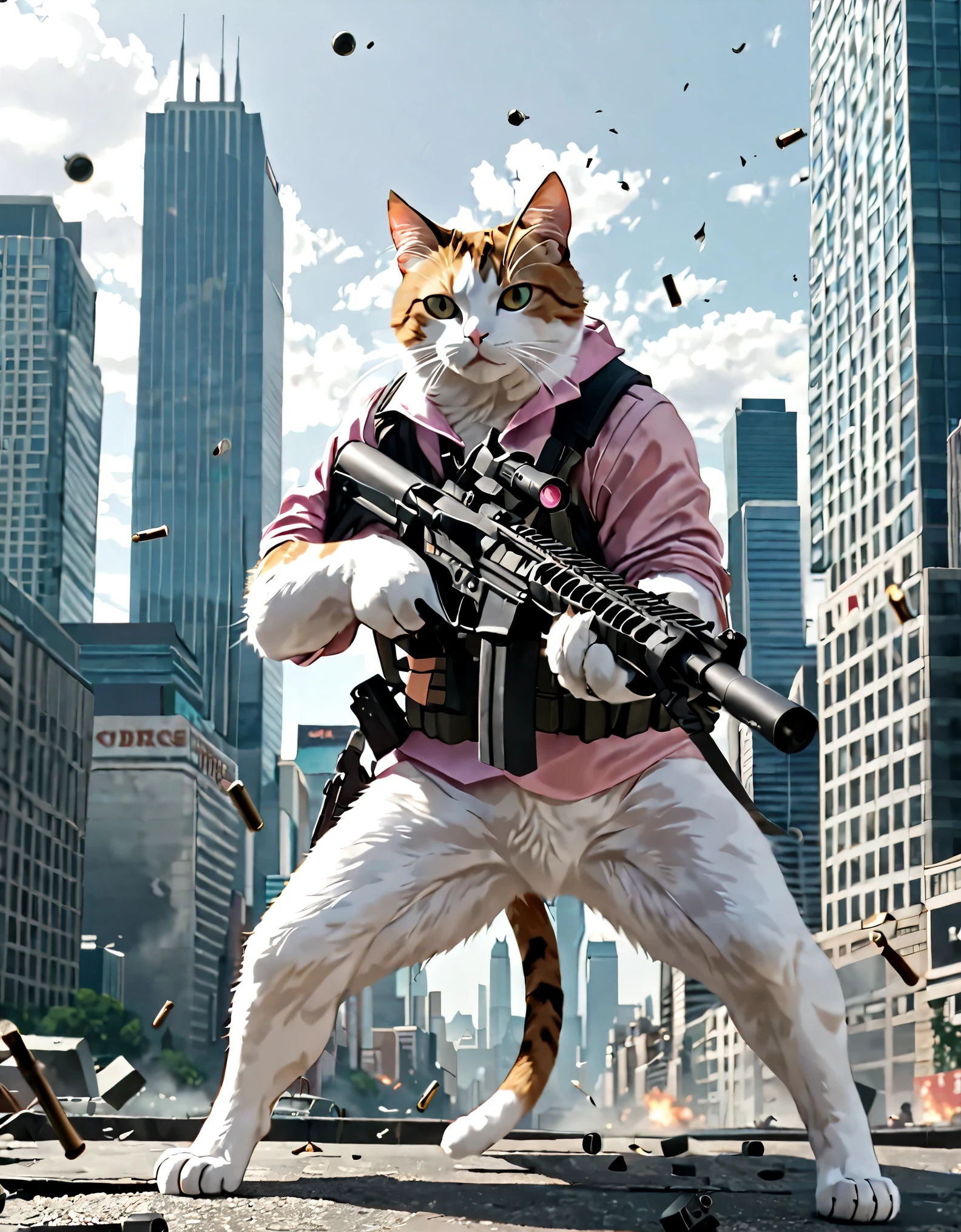 It stands on its hind legs,((A fierce cat animal holding a rifle in his hands)). breathtaking shot,movie action still frame,cinematic shot!, city backdrop, day, pink neckline, dodging bullets