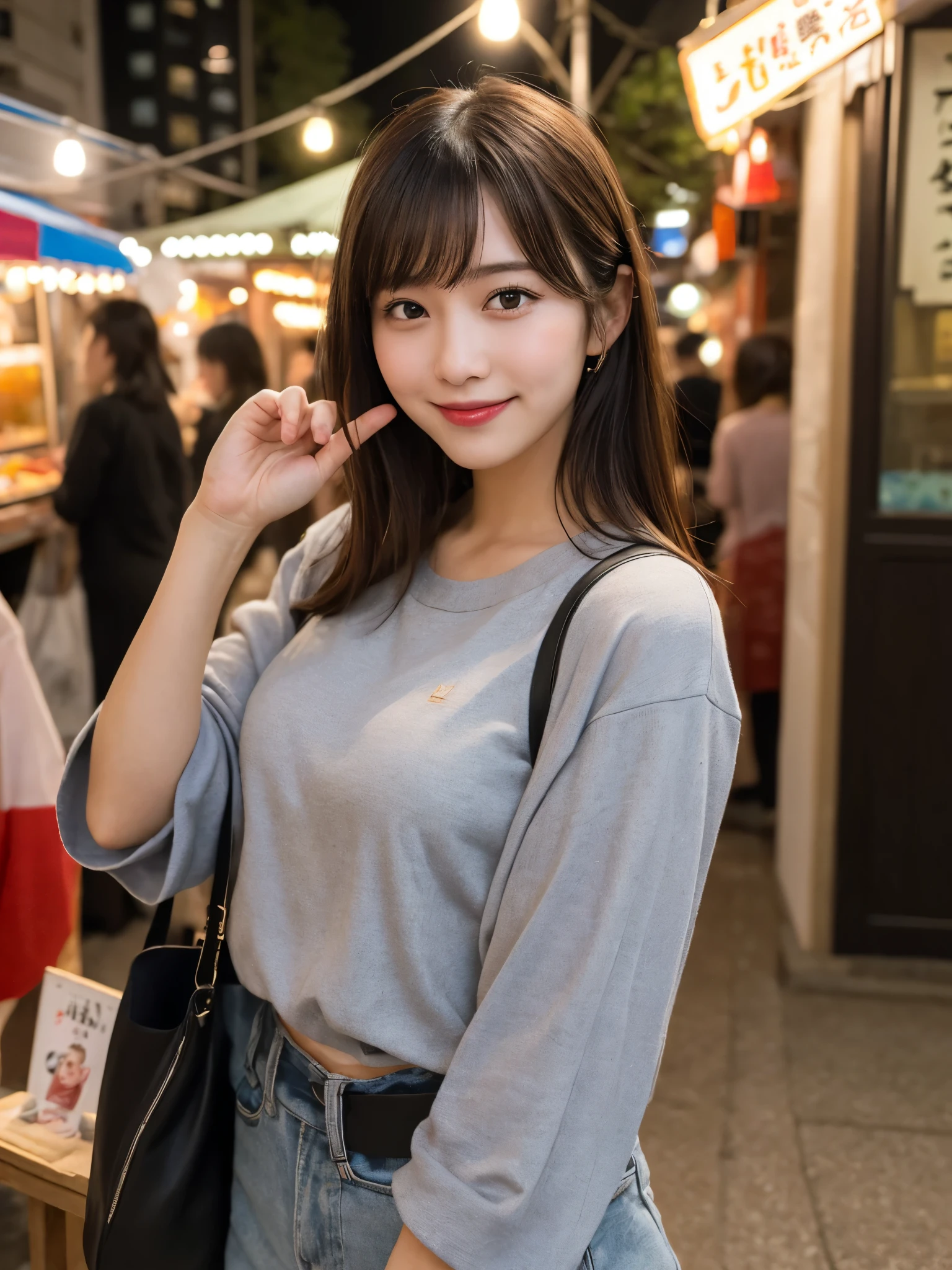 1girl, solo, highres, best_quality, masterpiece, detailed_background, intricate_details, beautiful, fukuoka, hakata, yatai_stalls, night_market, street_food, casual_clothes, smile, looking_at_viewer, dynamic_pose, natural_pose, candid, happy