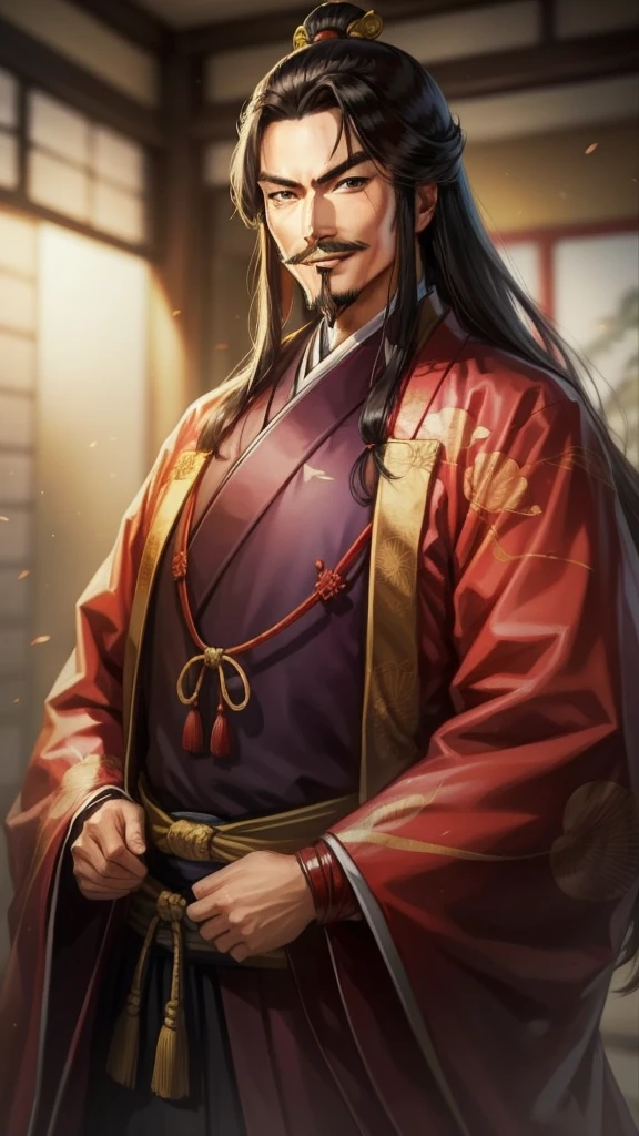 「Oda Nobunaga in traditional Japanese clothing pointing、Looking ahead with a smile。The background has a simple design、The follow button icon is placed。Nobunaga is wearing a kimono with a modern twist.、A Japanese-style folding screen is painted in the background.。」