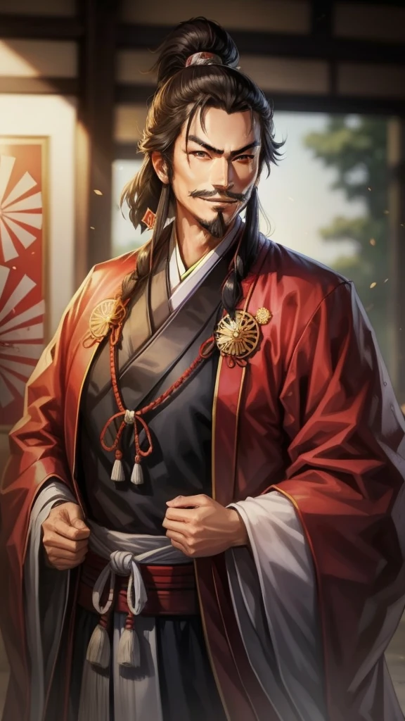 「Oda Nobunaga in traditional Japanese clothing pointing、Looking ahead with a smile。The background has a simple design、The follow button icon is placed。Nobunaga is wearing a kimono with a modern twist.、A Japanese-style folding screen is painted in the background.。」