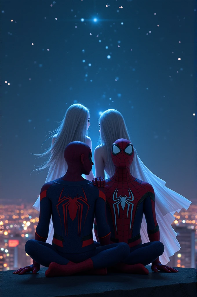 spiderman miles moralles with Gwen Stacy the ghost spider sitting on a building in starry night