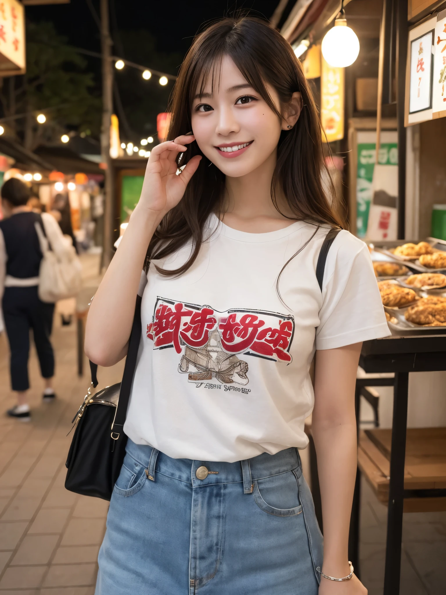 1girl, solo, highres, best_quality, masterpiece, detailed_background, intricate_details, beautiful, fukuoka, hakata, yatai_stalls, night_market, street_food, casual_clothes, smile, looking_at_viewer, dynamic_pose, natural_pose, candid, happy