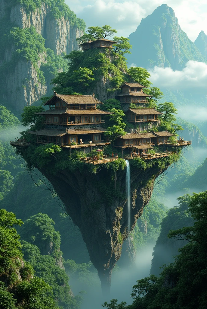 a floating village made of wood, stone and water. a top of a dense jungle with a backdrop of a green mountain jungle. 