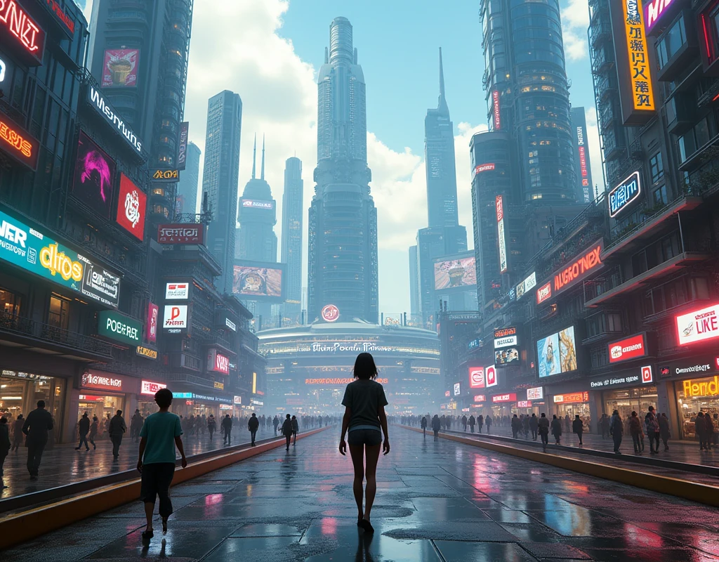 A futuristic cityscape, advanced metropolitan area, massive shopping mall, commercial facilities, entertainment venues, baseball stadium, 1girl, cyberpunk, neon lights, dynamic composition, 8k, hyper-detailed, cinematic, dramatic lighting, vibrant colors, concept art style