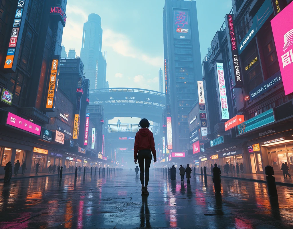 A futuristic cityscape, advanced metropolitan area, massive shopping mall, commercial facilities, entertainment venues, baseball stadium, 1girl, cyberpunk, neon lights, dynamic composition, 8k, hyper-detailed, cinematic, dramatic lighting, vibrant colors, concept art style