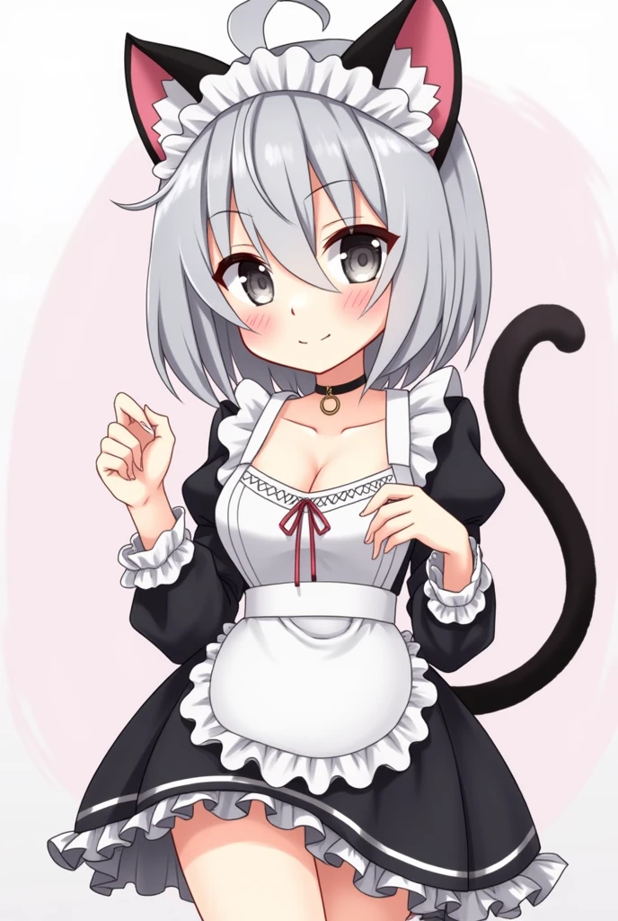 Anime style, masterpiece, greatest anatomy, detailed anatomy, 16YOgirl, 1girl, catgirl, bob style hair, gray color hair, gray eyes, Black cat ears with pink inside, detailed cat tail, round breast, sexy, light smile, blushed, look at viewers, collarbone, hanging breast, anime, medium Breasts,tits, hanging breast, Anime style, masterpiece, greatest anatomy, detailed anatomy, 16YOgirl, 1girl, catgirl, bob style hair, gray color hair, gray eyes, Black cat ears with pink inside, detailed cat tail, round breast, detailed cat ear, ring motif cat tail, bunny maid costume