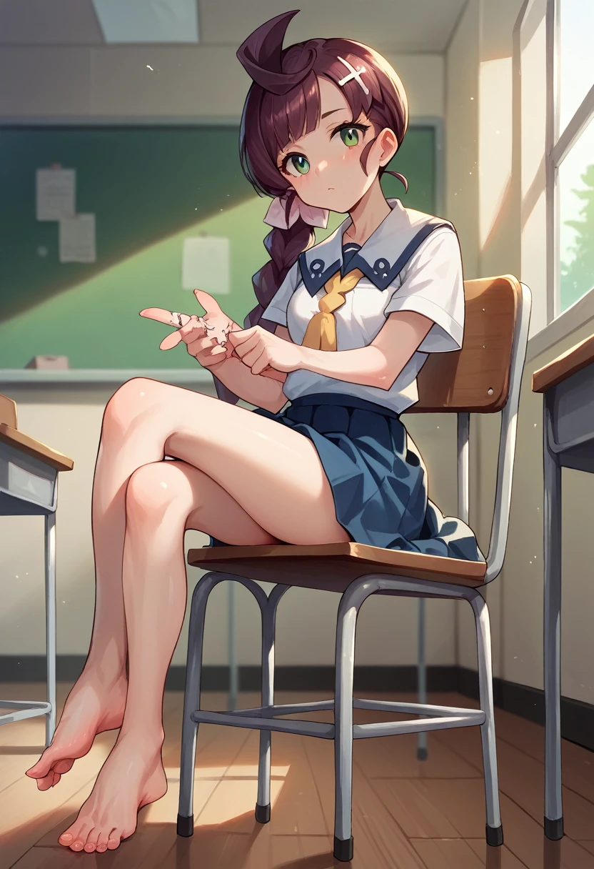 masterpiece,best quality, 1girl, school uniform, sitting on chair, cross leg, class room,show feetï¼Sole of foot
