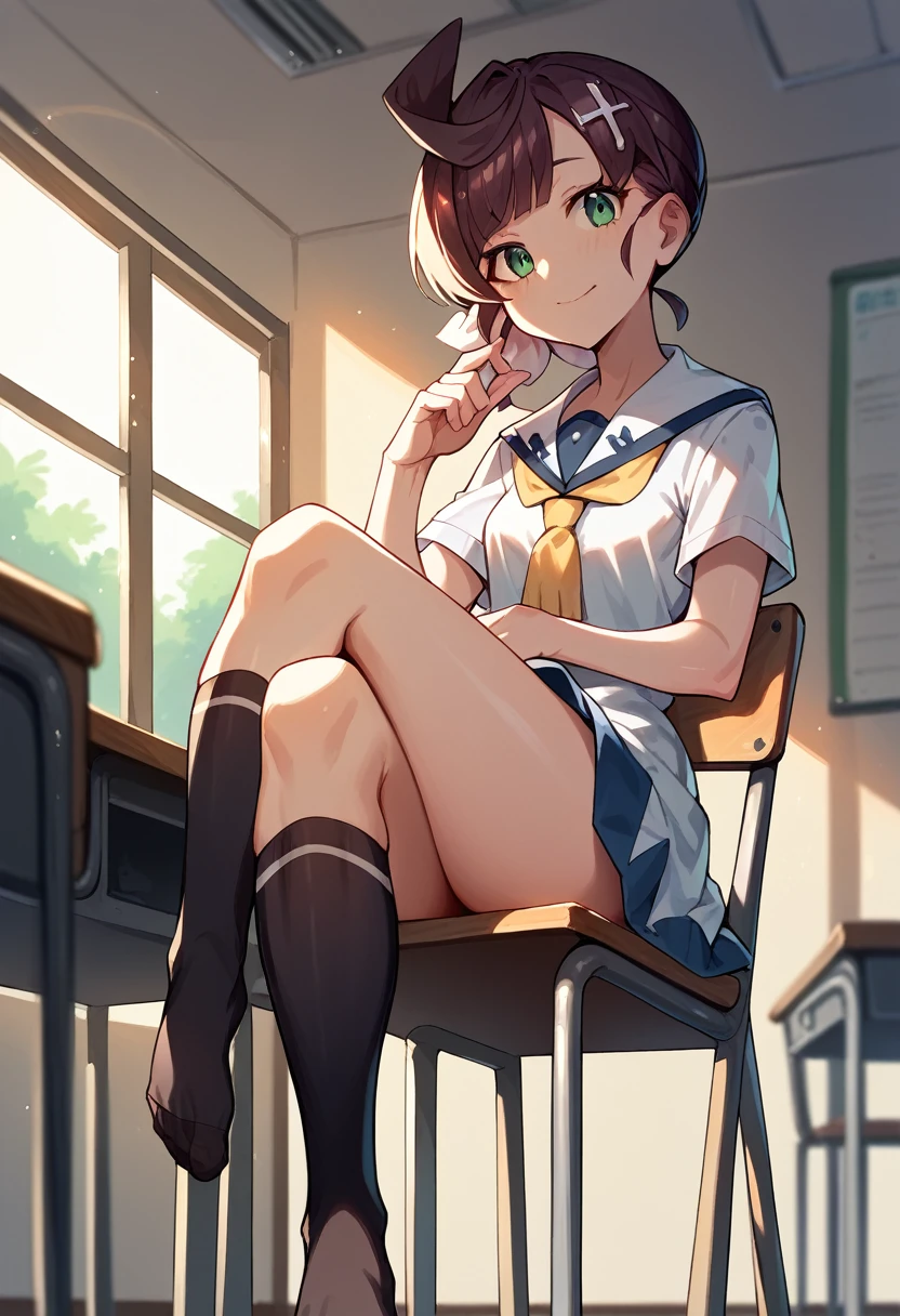 masterpiece,best quality, 1girl, school uniform, sitting on chair, cross leg, class room,show feetï¼Sole of foot
