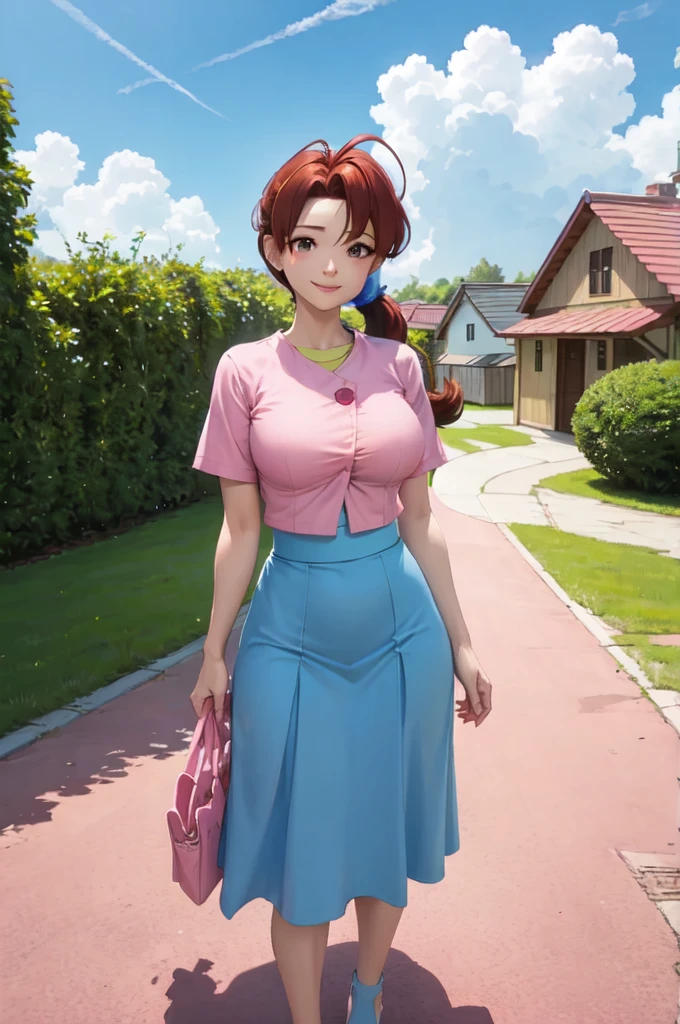 masterpiece, best quality, pkmnDelia, ponytail, pink shirt, blue skirt, smile, upper body, large breasts, house, blue sky, clouds, lawn, looking at viewer,ponytail, pink shirt, blue skirt,full body,wide hips